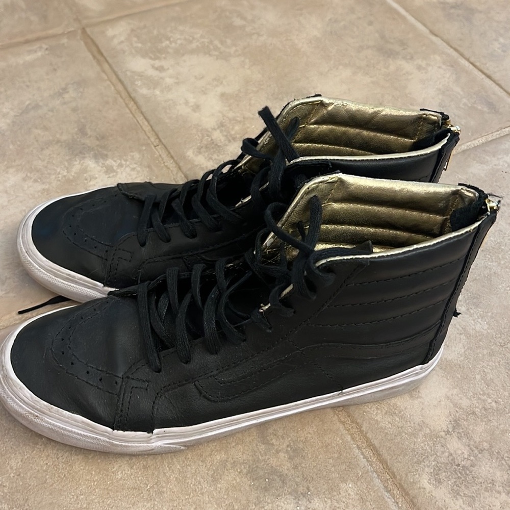 Black vegan leather Sk8-Hi vans with gold zipper